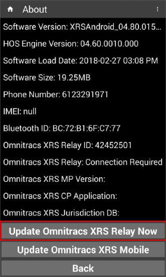 About Screen - Update Omnitracs XRS Relay Now button highlighted