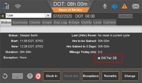Status tab - Will Pair SB check box highlighted