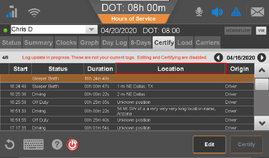 Certify tab - Location column highlighted