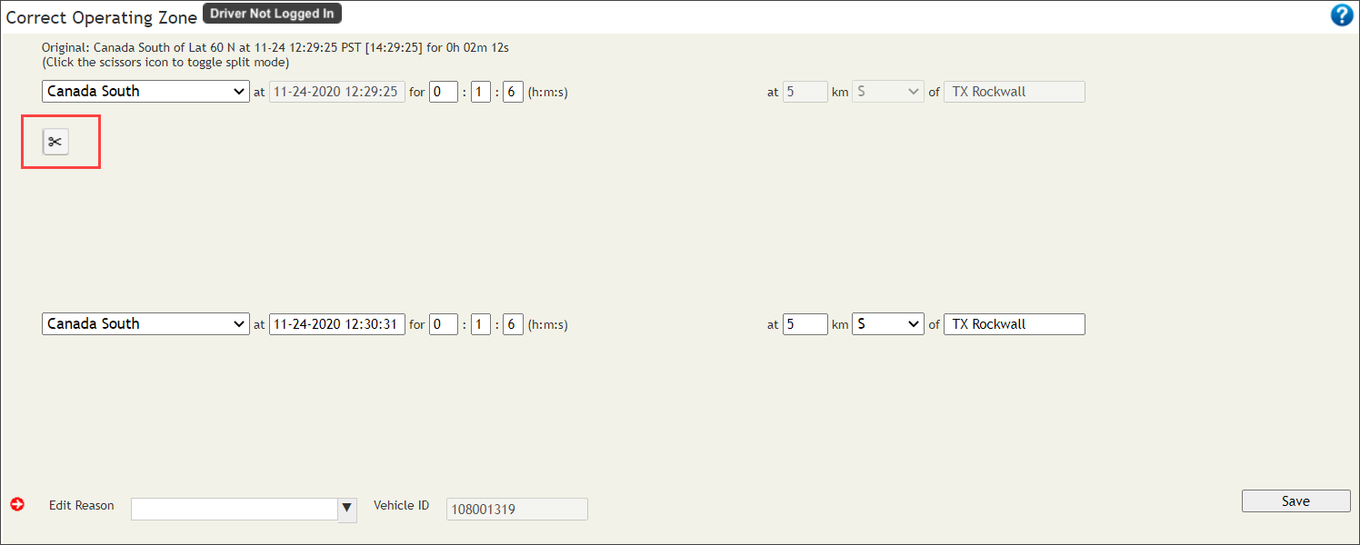 Edit Operating Zone - split time period