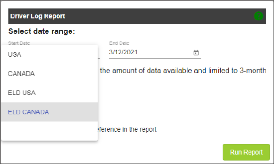 Driver Log Report - Select Region options
