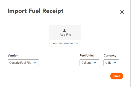Import Fuel Receipt dialog with File Name showing before Save