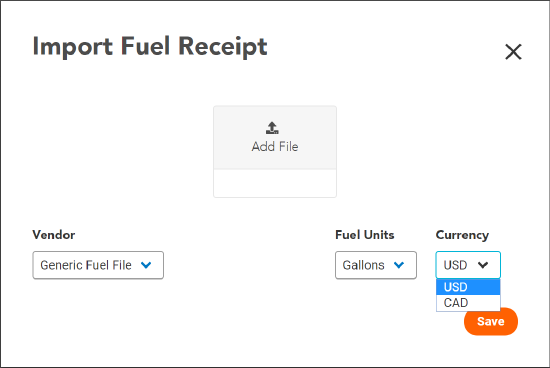 Import Fuel Receipt Dialog with Currency menu open