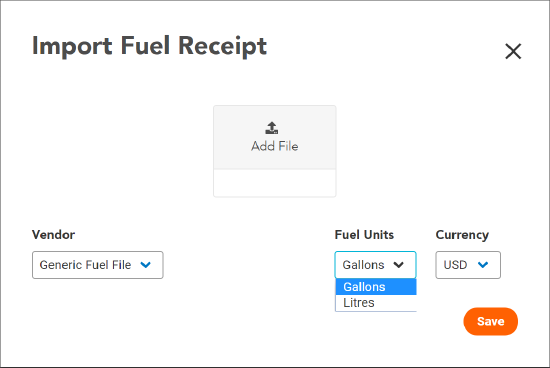Import Fuel Receipt Dialog with UOM menu open