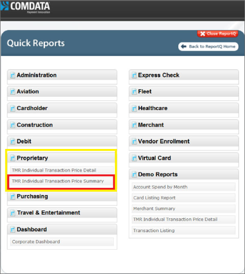 Quick Reports - Proprietary selected