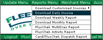 Fleet One Reports Menu - Download Daily Invoice selected