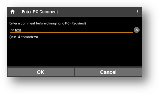 Enter PC Comment screen