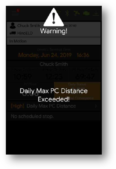 Daily Max PC Distance Exceeded warning