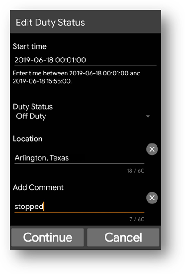 Edit Duty Status screen