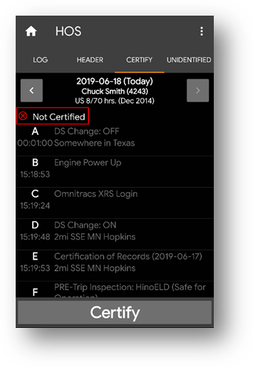 HOS screen with Certify Tab selected