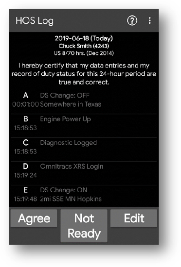 Certification of entries in HOS Log screen