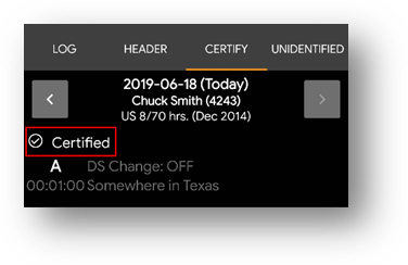 Certified notification on HOS Log screen (Certify Tab selected)