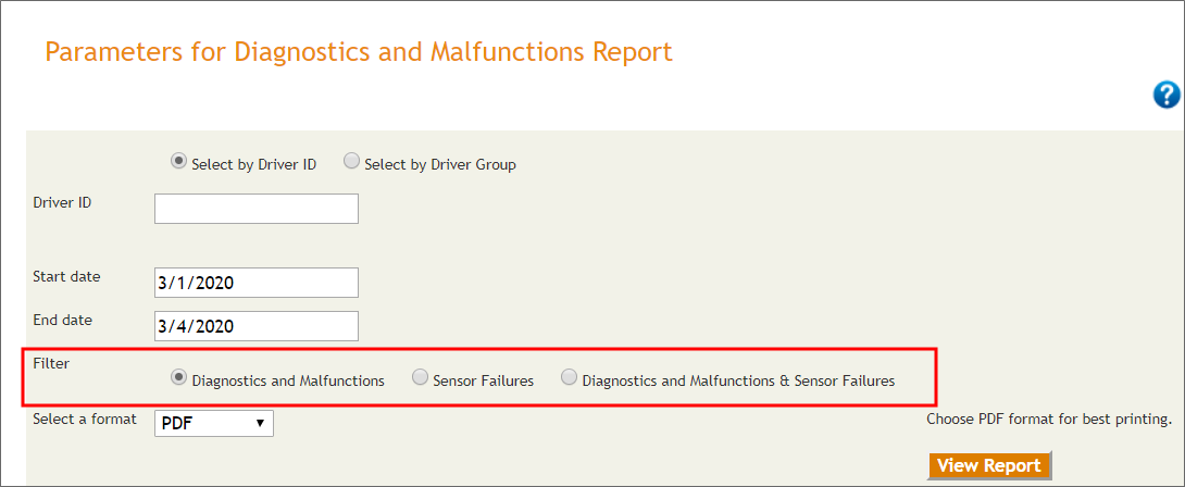 Diagnostics and Malfunctions Report parameters window - filter highlighted