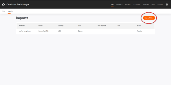 Fuel Imports screen with Import button highlighted
