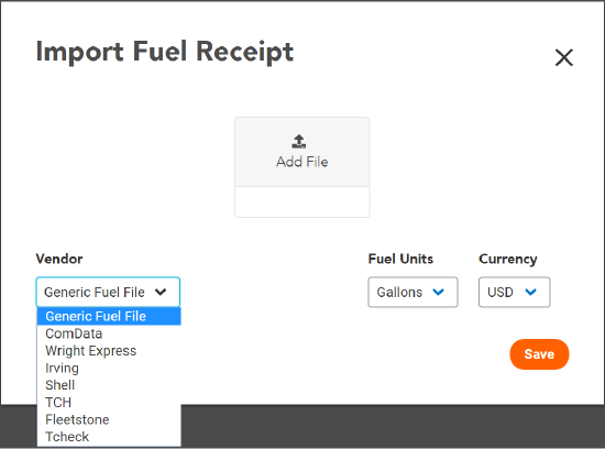 Import Fuel File dialog with Vendor Drop-down showing